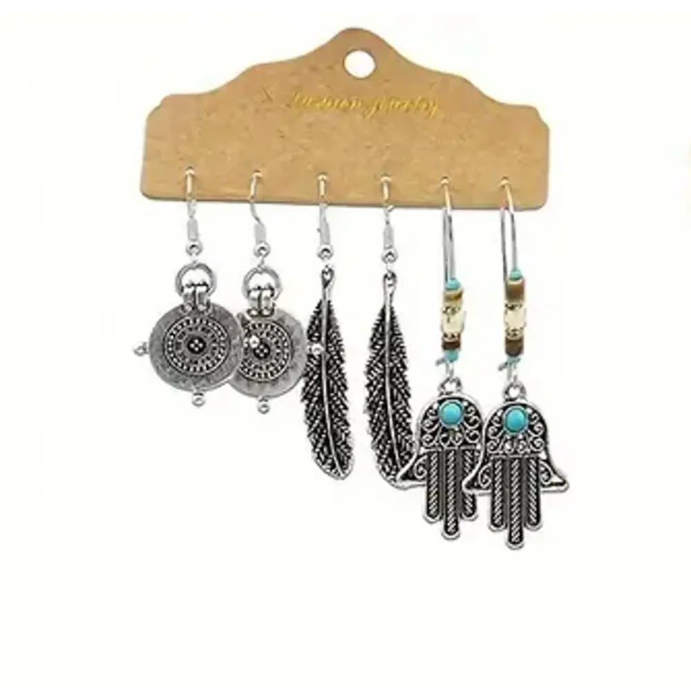 NEW Set of 3 Boho Western Silver Dangle Earrings – turquoise jewelry, Hamsa